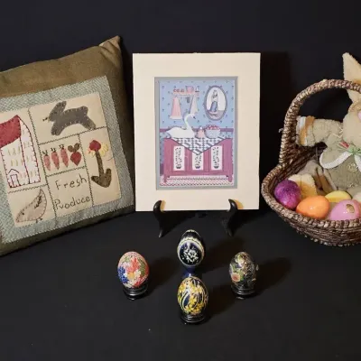 Charming Country Spring Display Set with Japanese Washi, Gzhel Wooden, & Vintage Alabaster Eggs
