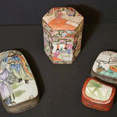 Vintage Porcelain Shard Boxes & Hexagonal Rose Tea Caddy