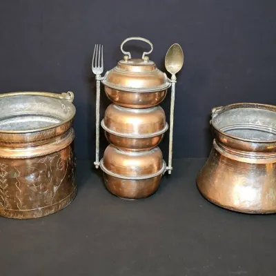 Antique Ottoman Hand-Hammered Copper – 3-Tier Tiffin, Etched Yogurt Bucket & Cauldron