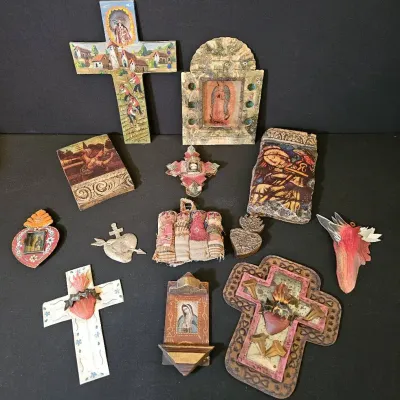 Vintage Artisan Religious: Folk Art Nicho, Sacred Heart Milagros & Architectural Panels
