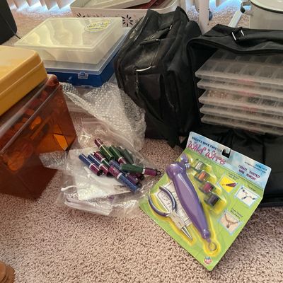 Sale Photo Thumbnail #239: Two bags with crafting beads, wire plastic totes with more crafting items