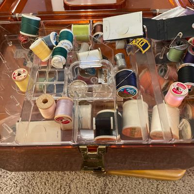 Sale Photo Thumbnail #242: Two bags with crafting beads, wire plastic totes with more crafting items