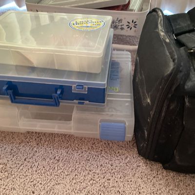 Sale Photo Thumbnail #244: Two bags with crafting beads, wire plastic totes with more crafting items
