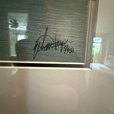 Close-up of an artist's signature and edition number 5/950 on a framed, textured print.