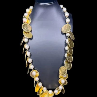 Vintage FREIRICH Signed Gold Tone Coin & Pearl Statement Necklace
