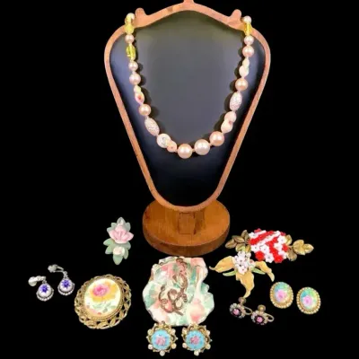 Vintage Floral Jewelry, Painted Porcelain, Glass Beads
