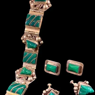 Mexican Silver And Green Stone Bracelet And Earrings