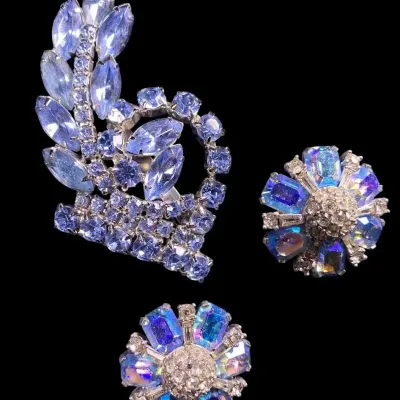 Vintage Jomaz Signed Blue Rhinestone Earings, & Coordinating Unsigned Blue Crystal Brooch