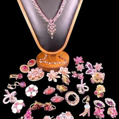Mid-Century - Pink Rhinestone Jewelry - Unsigned