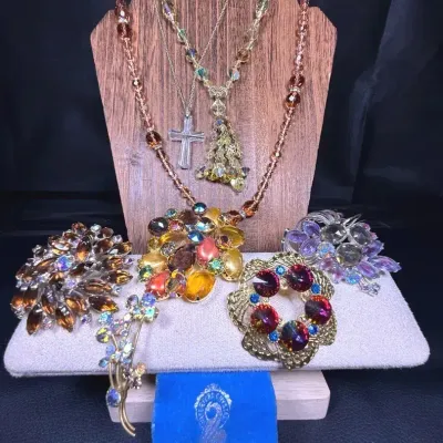 Vintage Crystal Jewelry: Swarovski Cross Pendant, AB Rhinestone Brooches & Beads