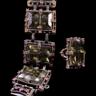 Vintage 1930s Art Deco, Czech Smoke Glass And Pink Rhinestone Panel Link Bracelet And Ring