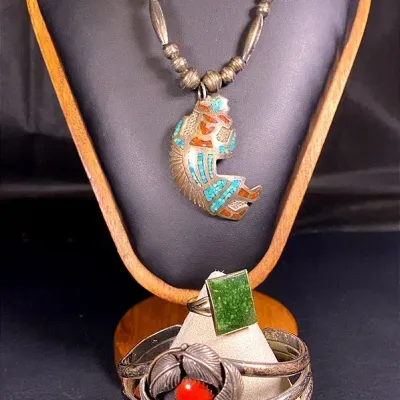 M Fowler Bracelet - Southwestern Turquoise Coral Inlay Necklace - Jane Popovich Jade Ring