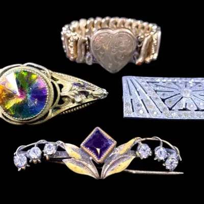 Antique World War I, DF Briggs, Carmen Sweetheart Bracelet & Unsigned Art Deco Pins