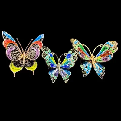 Trio Vintage CB 800 Silver Vermeil Filigree Enamel Butterfly Brooches