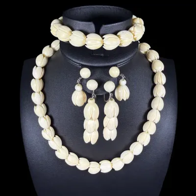 Vintage Carved Bone, Lotus Flower Bead - Necklace Bracelet, And Two Sets Of Earrings Sterling Back