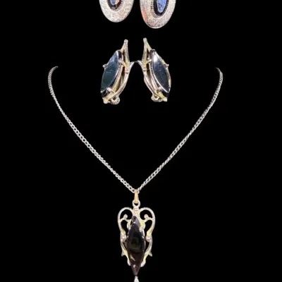 Vintage Whiting & Davis, Black Glass Necklace And Clip On Earrings