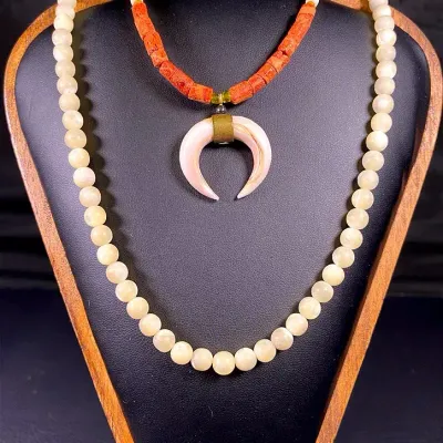Vintage Tribal Shell Coral Necklace, Giant Clam Beads, Conch Crescent Horn