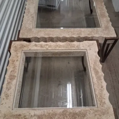 Pair of Stone & Glass Top Accent Tables with Metal Bases