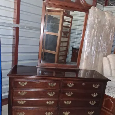 Vintage cherry-finish double or triple dresser. Georgian Chippendale style.
