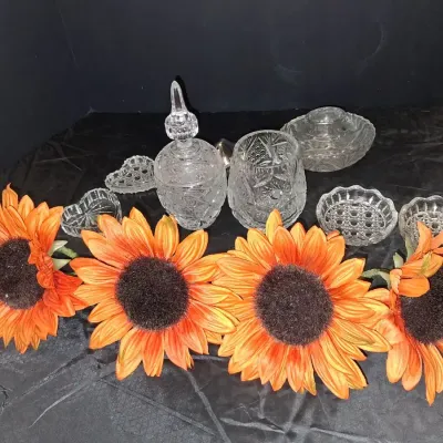 Vintage Cut Glass & Pressed Crystal Tableware Lot with Faux Sunflowers