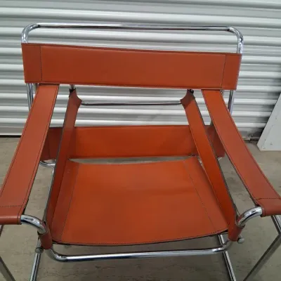 Mid-Century Style Orange Leather & Chrome Armchair