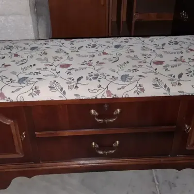 Vintage Lane Cedar Lined Upholstered Storage Bench with a floral fabric top and faux-drawer accents.
