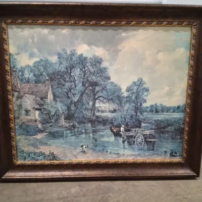 Large Framed Country Landscape Print with Horse-Drawn Cart