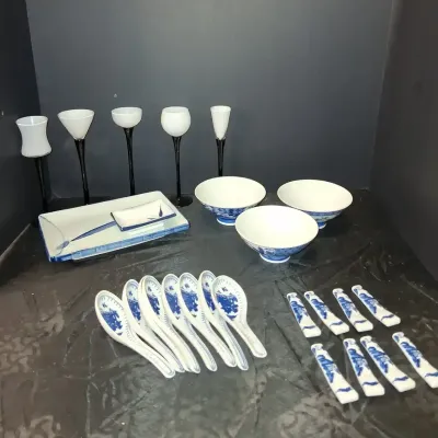 Vintage Blue and White Ceramic Dining Set with Stemmed Glassware 