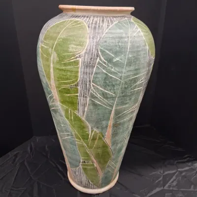 Large Ceramic Vase with Banana Leaf Sgraffito Design