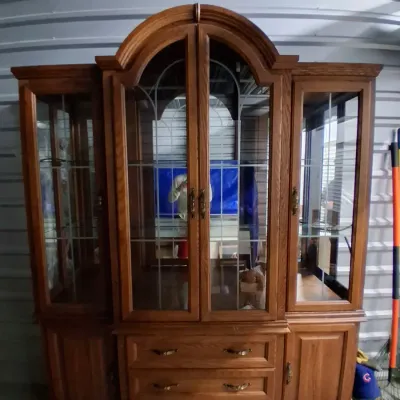 Oak China Cabinet with Glass Doors & Shelves