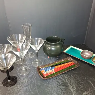Vintage Mid-Century Style Barware and Asian-Inspired Serving Set 