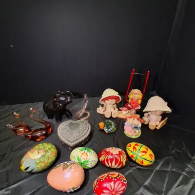 Assorted Hand-Painted Eggs, Miniature Figurines & Heart Trinket Box Lot