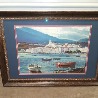 Framed Coastal Harbor Scene Artwork