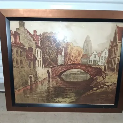 Print Vintage European Canal Scene Color Etching