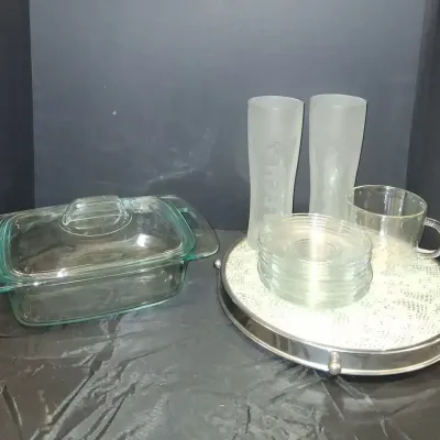 Vintage Glassware & Serving Lot – Covered Casserole, Tray, Saucers, Mug & 2 Frosted Glasses
