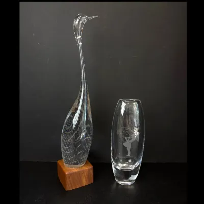 Sale Photo Thumbnail #50: Lot 8727 kosta swedish glass signed etched vase glass bird sculpture