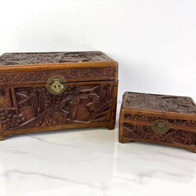 Sale Photo Thumbnail #43: Lot 8720 pair of hand carved camphor wood storage boxes