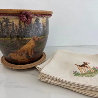 Sale Photo Thumbnail #361: Lot 9057 signed handpainted dog planter pot embroidered dog napkins
