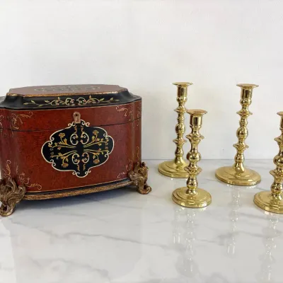 Sale Photo Thumbnail #59: Lot 8736 vintage baldwin brass candle stick holders hinged storage box