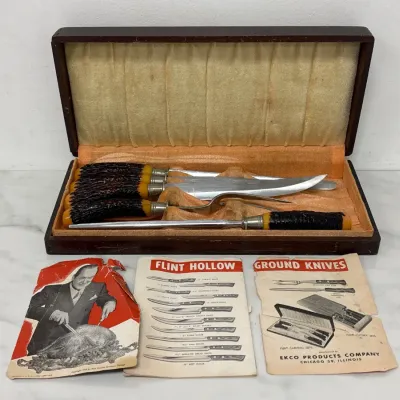 Sale Photo Thumbnail #415: Lot 9114 vintage flint hollow ground carving set bakelite handles