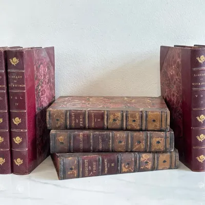 Sale Photo Thumbnail #212: Lot 8901 antique 19th century leather spine books marbled boards