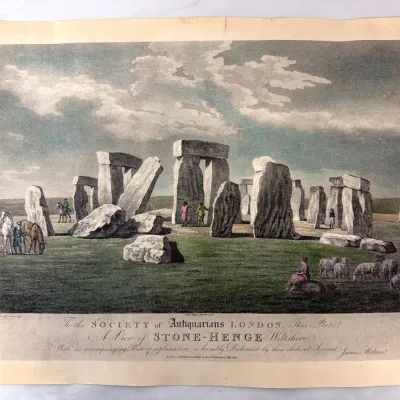 Sale Photo Thumbnail #75: Antique hand-colored aquatint print titled "A View of Stone-Henge Wiltshire" by James Malton, dedicated to the Society of Antiquarians London, originally published circa 1796.