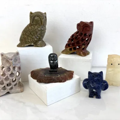 Sale Photo Thumbnail #48: Lot 8725 handcarved stone owl figurines soapstone sodalite etc