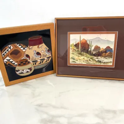 Sale Photo Thumbnail #5: Lot 8621 Two framed pieces of Southwestern art, including a framed ceramic tile depicting Native American pottery and a signed Jerry Booker watercolor landscape painting dated 1989.