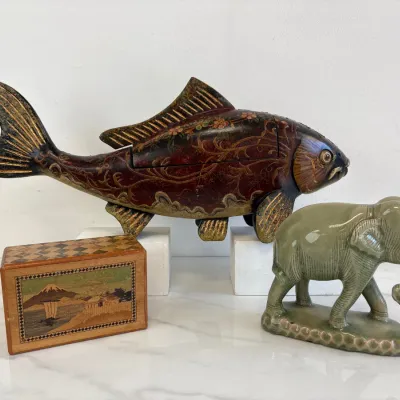 Sale Photo Thumbnail #57: Lot 8734 wood inlay puzzle box thai elephant wooden fish box