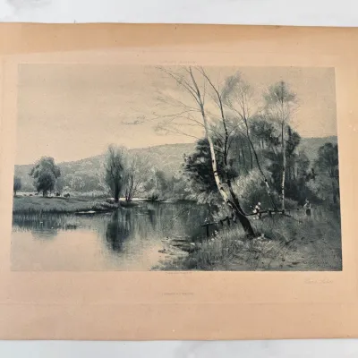 Sale Photo Thumbnail #73: Antique landscape print by Ernest Parton, titled "Pond Lilies," depicting a serene river scene with birch trees, mounted on heavy paperboard.