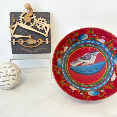 Sale Photo Thumbnail #260: Lot 8951 hand painted gourd bowl wood light switch cover paperweight
