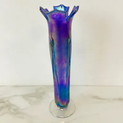 Sale Photo Thumbnail #221: Lot 8910 ron mynatt signed iridescent blue art glass vase