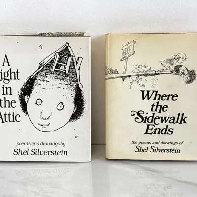 Sale Photo Thumbnail #198: Two classic Shel Silverstein poetry books, "A Light in the Attic" and "Where the Sidewalk Ends," featuring original dust jackets and illustrations.