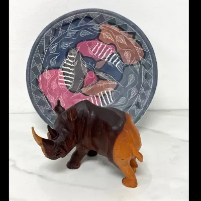 Sale Photo Thumbnail #409: Lot 9108 ebony carved rhino sculpture from kenya soapstone plate